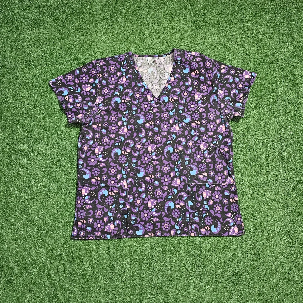 Scrubs Purple and Blue Patterned Scrub Top - Picture 1 of 5